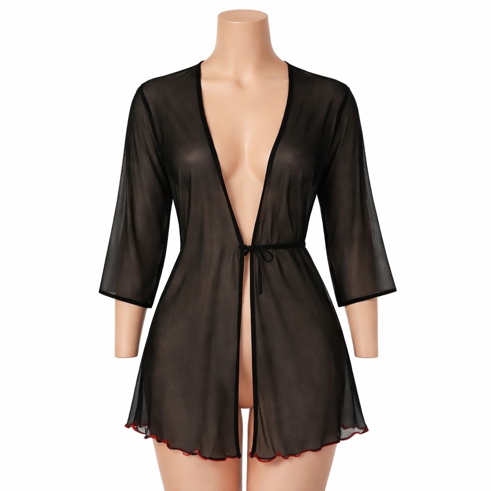JOSIE NATORI Vintage Mesh Sheer Black Wrap Robe Sz L